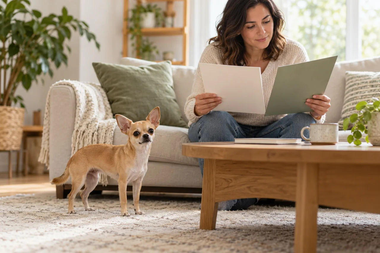 Owner reading documents beside a small cream-colored dog