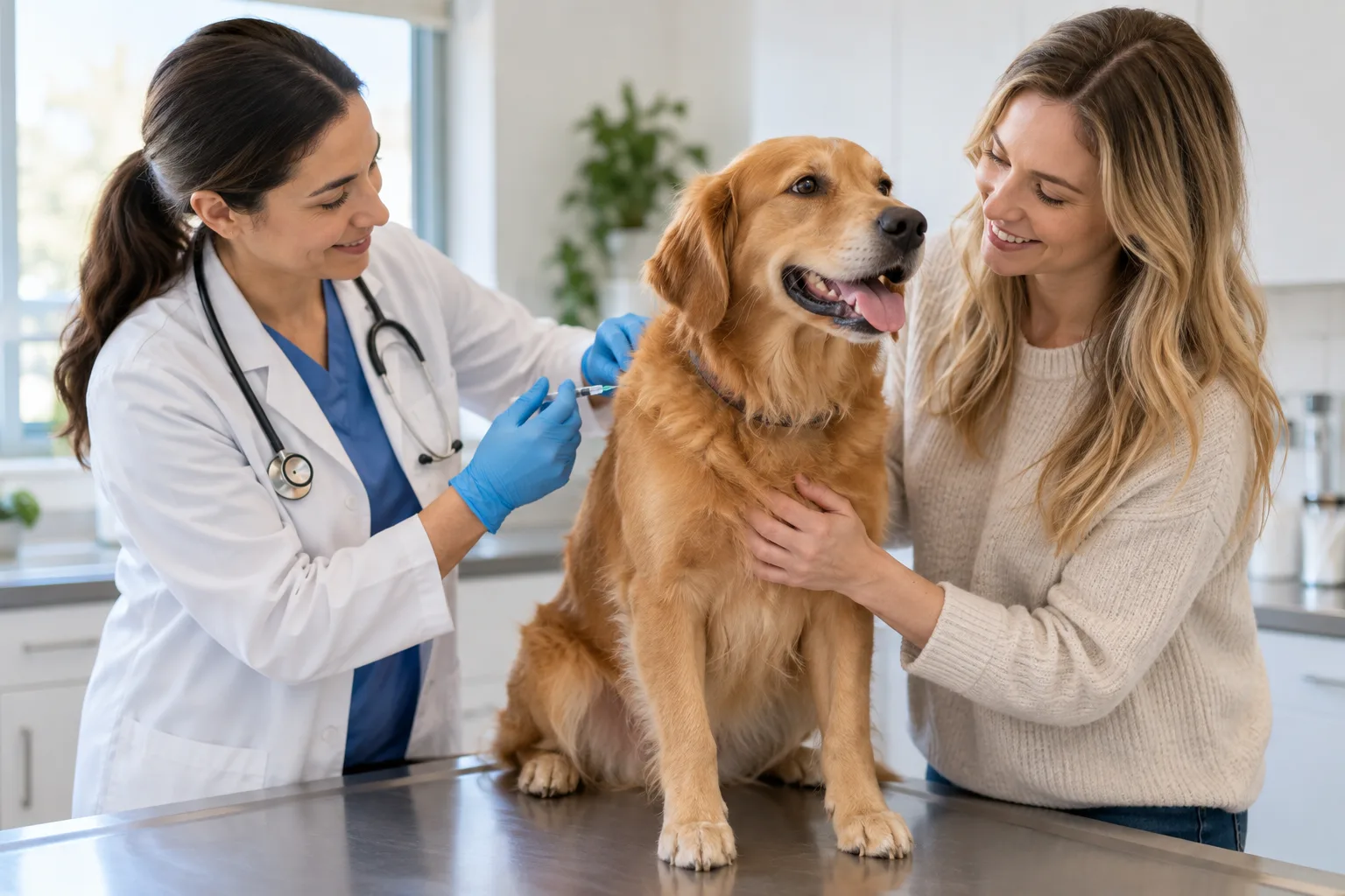 Veterinary professional examining a dog beside its owner